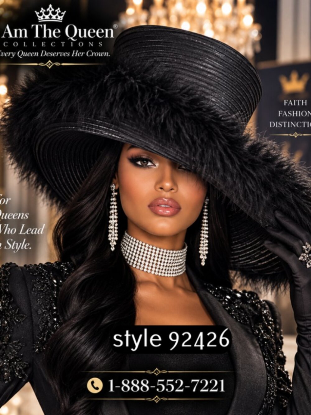 I Am The Queen Black Feather Church Hat Wide Brim Style 92426